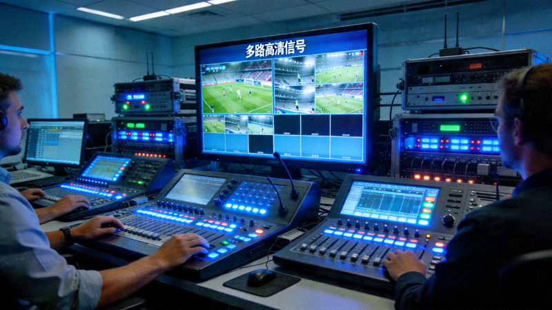 现代足球比赛直播技术控制中心内景，大屏幕显示多路高清信号